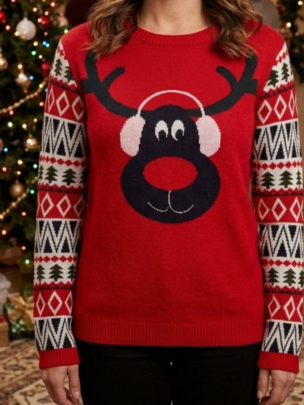 Only Because It's A Passion Women's Red Christmas Knit Sweater Reindeer Rudolph
